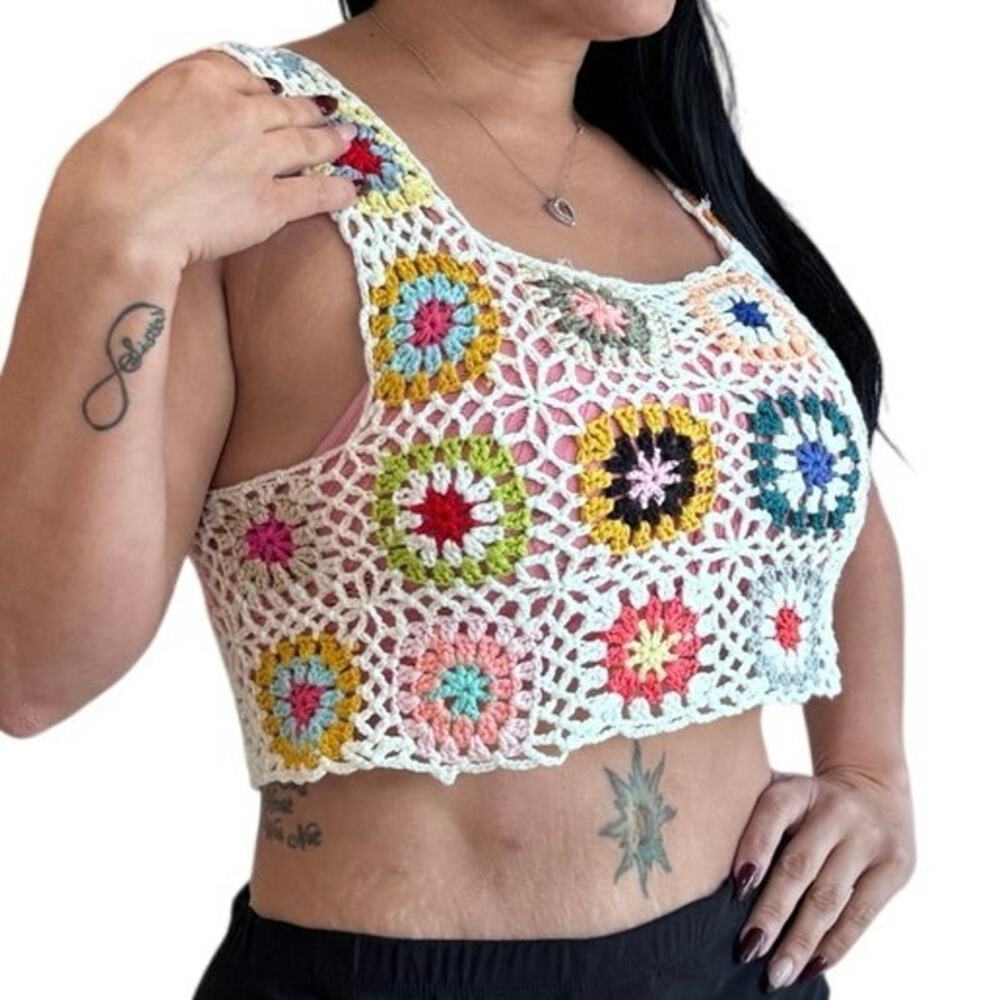 Crochet Knit Granny Square Tank Top Boho Festival Grandmacore Cottagecore s/m